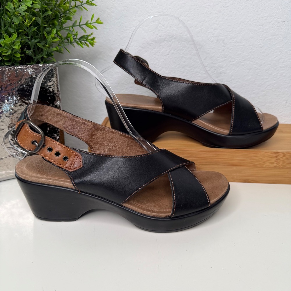 Dansko Jacinda Wedge Sandals Black Leather Cross Strap Comfort Boho 38EU/7.5-8US - Picture 2 of 11